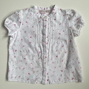 Bonpoint Girl’s White Short-sleeve Button-down Blouse with Floral Print